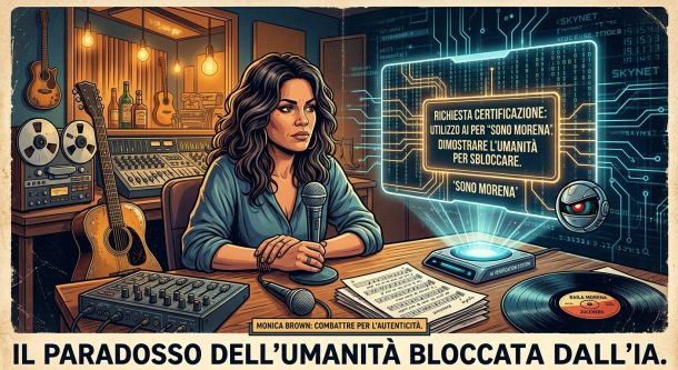 Monica Brown in studio davanti alla richiesta di certificazione sull’uso dell’IA per il brano “Sono Morena”